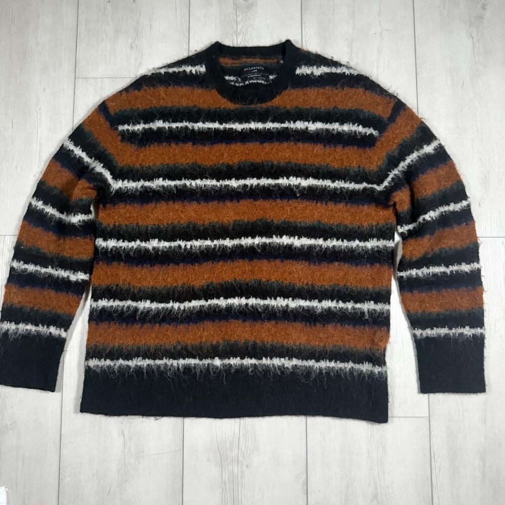 AllSaints Sweater Mens Large Striped Oskar Crew Wool Alpaca Oversized Grunge